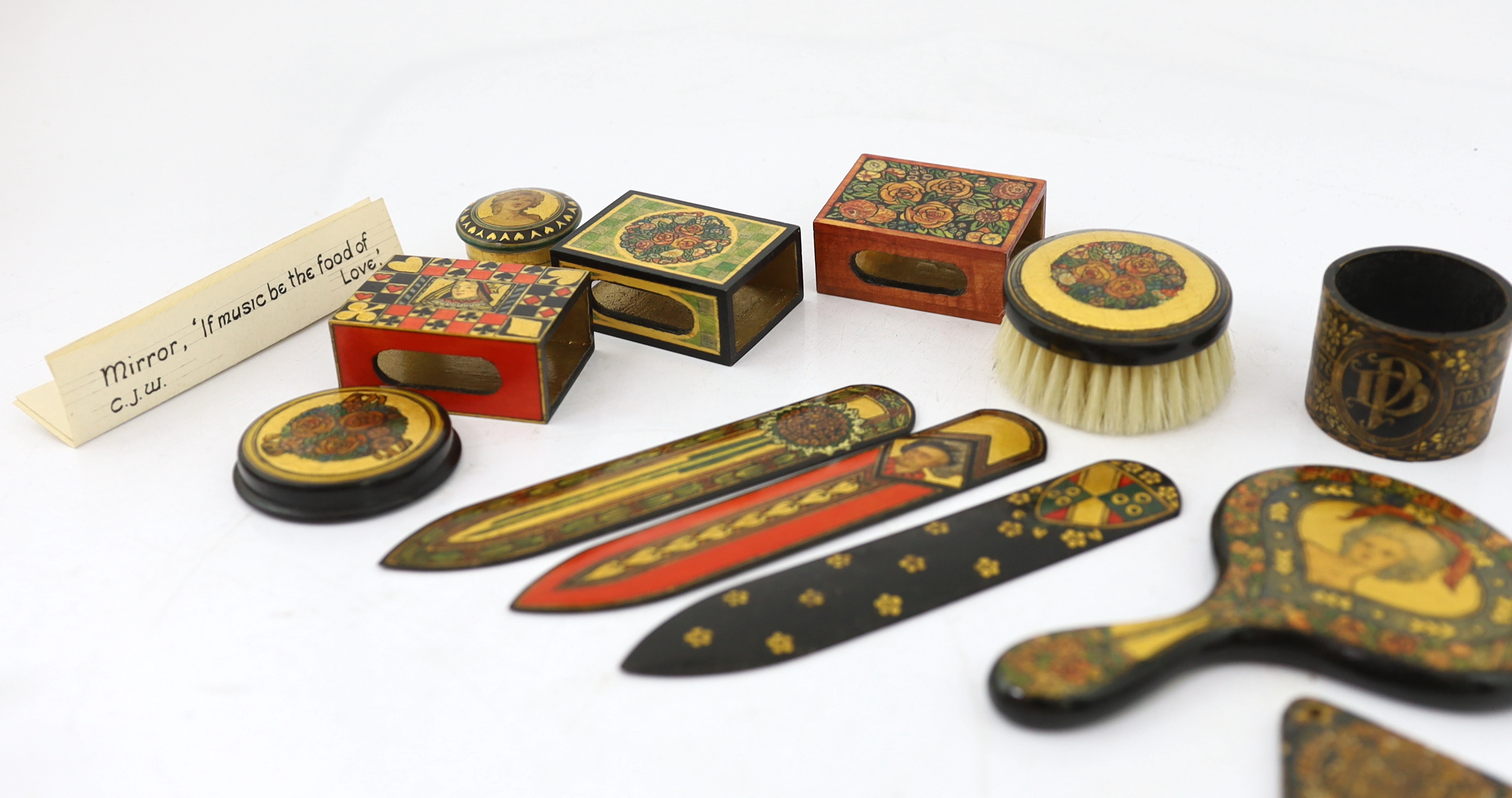Gwendolen Beatrice White (British, 1904-1981) & Others, Paintings on woodwork, whitewood with stained and gilt gesso decoration